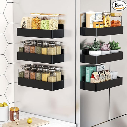 Magnetic Spice Rack for Refrigerator, Kitchen Organizer and Storage Shelf, Black (6 Pack)…