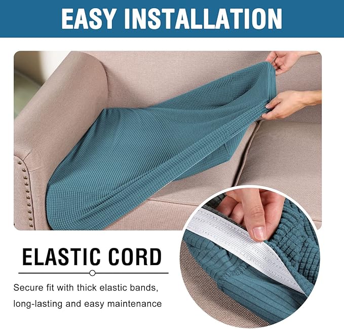 H.VERSAILTEX Super Stretch Individual Seat Cushion Covers - Sofa & Couch Cushion Slipcover Sets - Thick Jacquard Textured Twill Fabric (3 Piece XL Sofa Cushion Covers, Storm Blue)