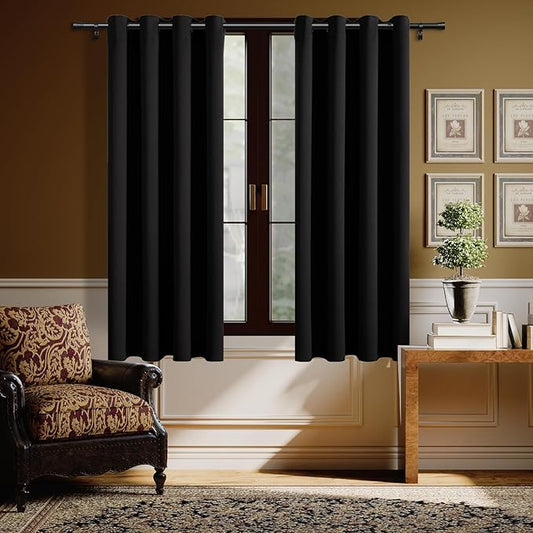 H.VERSAILTEX Black Blackout Curtain Blinds Kitchen Curtains Energy Smart Decoration Thermal Insulated Blackout Curtains for Bedroom/Small Window,2 Panels,Grommet,52 by 63 Inch