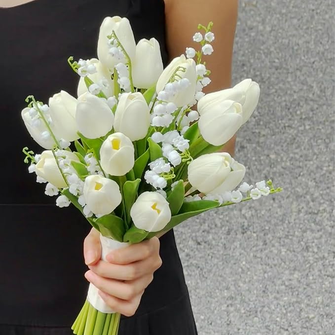 20pcs White Artificial Tulip Fake Flower 12.9 Inch Spring Mother's Day Easter Gift for Home Kitchen Wedding Decoration