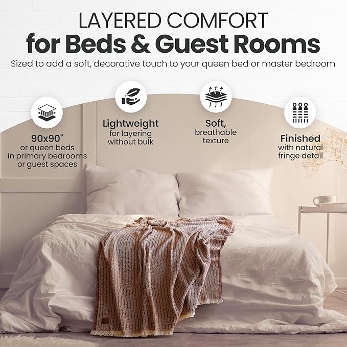 Gold Case Throw Blanket for Bed – 100% Recycled Turkish Cotton Bed Blanket – Decorative Throw Cotton Blankets for Living Room & Bedroom – Elegant Black Woven Queen Blankets – 90x90