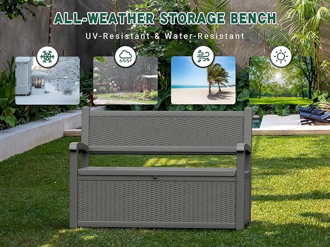 70 Gallon Outdoor Storage Box, Resin Patio Furniture with Armrest, Lockable Deck Box with Waterproof and UV Resistant for Patio Cushions, Garden Tools and Pool Supplies, Grey