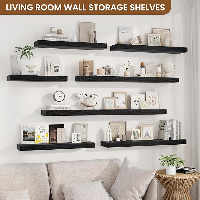 fuqing Floating Shelves for Wall, Bathroom Shelf Wall Mounted for Storage, Shelves with Invisible Bracket for Bedroom, Kitchen, Living Room, Farmhouse Small Book Shelf, 16 Inch Set of 2, Black