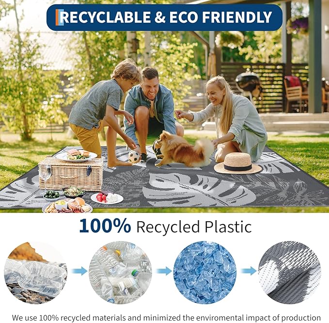 GAOMON Outdoor Rug Waterproof 9x12 Outdoor Plastic Straw Rug for Patio, Reversible Modern Camping Mat with Bag & Stakes, UV Resistant & Easy to Clean Carpet for RV, Deck, Balcony, Grey