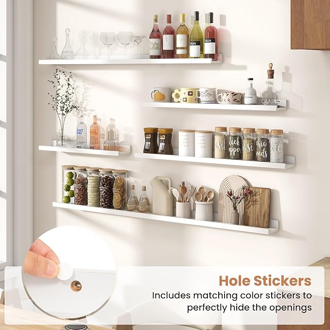 Fun Memories Picture Ledge Shelves Set of 2, 55 Inch Rustic Wall Mounted Floating Shelves with Lip for Home Storage and Décor in Bathroom, Kitchen, Nursery, Bedroom, Living Room, White