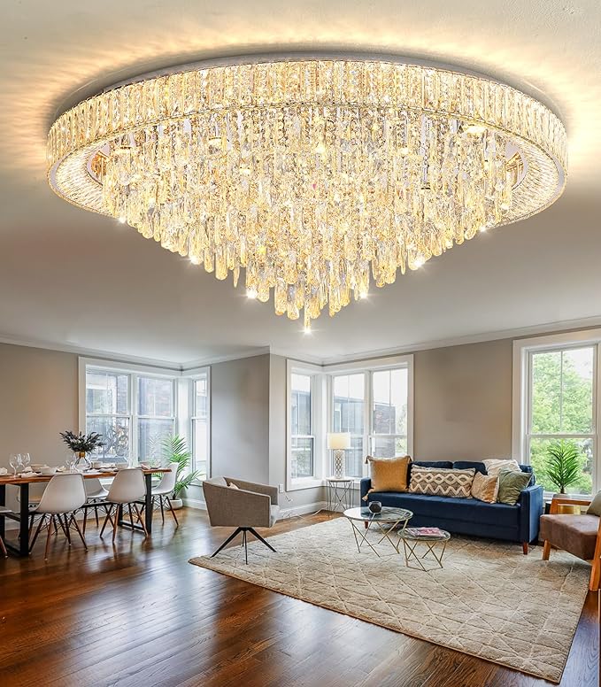 47'' Modern Chandeliers LED Dimmable Crystal Flush Mount Ceiling Chandeliers for Living Room High Ceiling Entrance Foyer Lobby Bedroom Silver