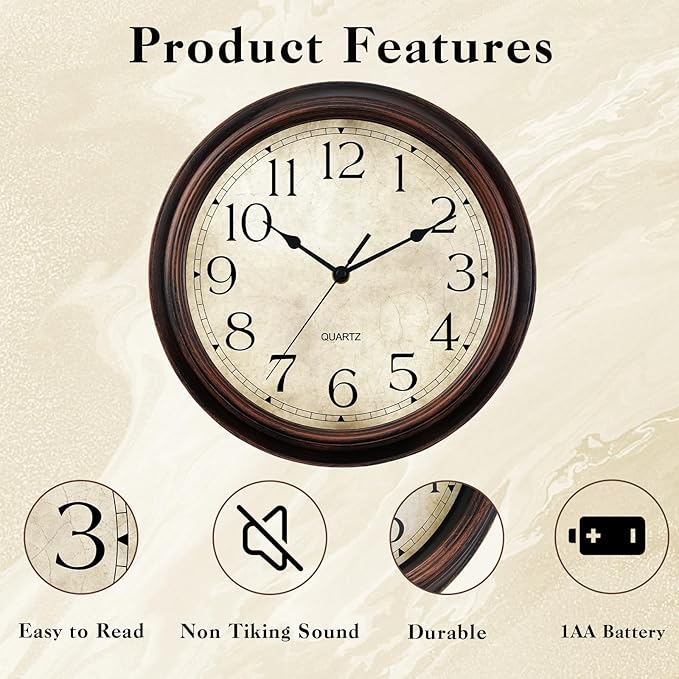 14 Inch Wall Clocks Battery Operated Silent Non-Ticking Analog Wall Clock Vintage Retro Rustic Style Decorative for Living Room Kitchen Home Office(Bronze)