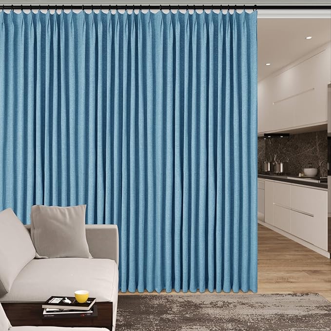 100% Blackout Linen Textured Drapes for Bedroom Pinch Pleated Curtains for Track System Portable Drapery for Sliding Glass Door/Storage/Space Room Divider, 70" Wx102 L, 1 PC, Blue