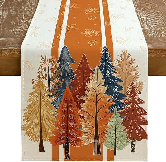 GEEORY Fall Watercolor Trees & Maple Leaves Striped Table Runner 13x120 Inch, Rustic Farmhouse Autumn Thanksgiving Decor for Kitchen, Dining, Indoor/Outdoor Holiday Dinner Party Orange GT157-120