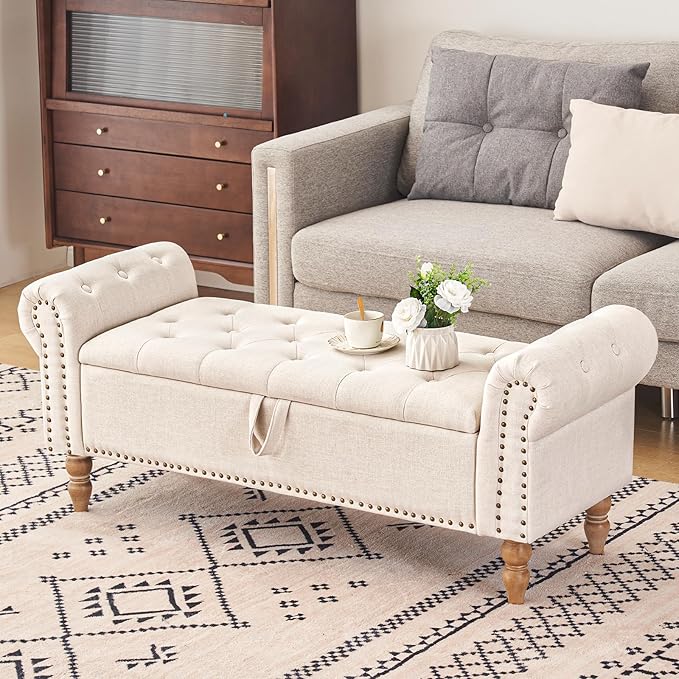 Furniliving 51” Storage Benches, End of Bed Bench with Button-Tufted Large Upholstered Storage Ottoman Linen Window Bench with Storage Shoe Cabinet Bench, for Bedroom, Entryway, Closet, Beige