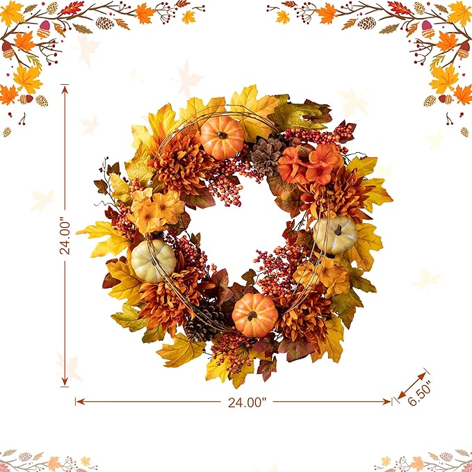 Glitzhome 24 inch Artificial Fall Wreath Decor, Autumn Maple Leaf Wreath for Front Door with Dahlia Pumpkin, Leaf and Berry Wreaths for Autumn Harvest Thanksgiving Halloween Decor