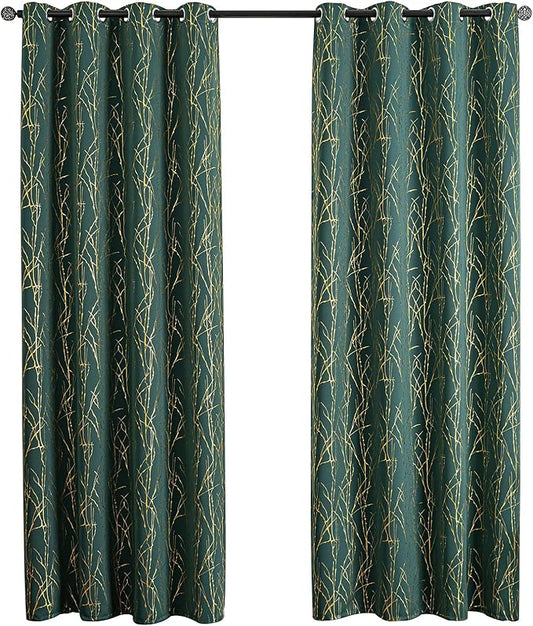 Grommets Blackout Long Window Curtains Green Gold-52W*108L 2PCS Drapes for Bedroom