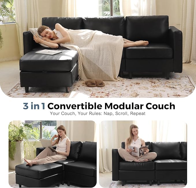 118.5" Faux Leather Modular Sectional Sofa with Storage Seat, Modern 6 Seater Couch Deep Seat with Removable Cover DIY Combination Black