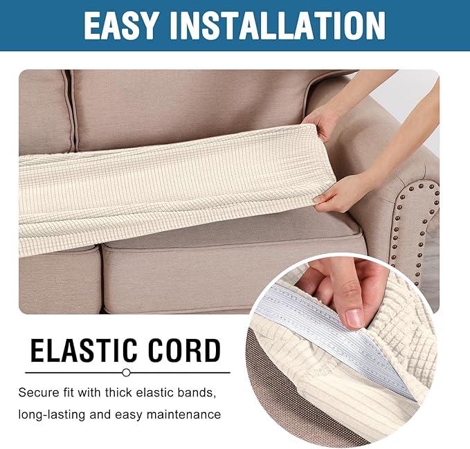 H.VERSAILTEX Super Stretch Individual Seat Cushion Covers Sofa Covers Couch Cushion Covers Slipcover Sets Thick Jacquard Textured Twill Fabric (1 Piece Loveseat Cushion Cover, Natural)