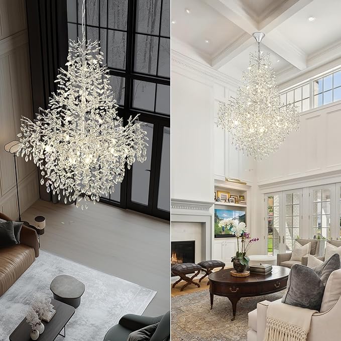 H65'' Silver Tree Branch Crystal High Ceilings Chandeliers,Modern Crystal Staircase Chandeliers, D48'' Foyer Chandelier for High Ceiling, Luxury Large Living Room Chandelier, 27-Lights