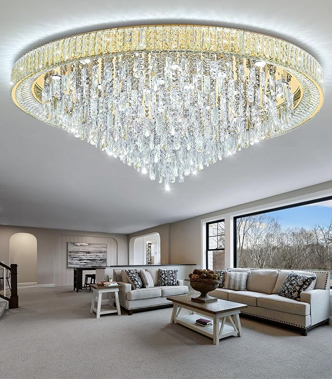 53.7'' Modern Crystal Big Large Chandeliers LED Dimmable Flush Mount Ceiling Chandeliers for Living Room High Ceiling Entrance Foyer Lobby Bedroom Gold