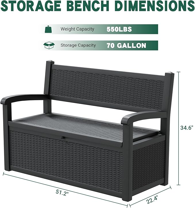 70 Gallon Outdoor Storage Box, Resin Patio Furniture with Armrest, Lockable Deck Box with Waterproof and UV Resistant for Patio Cushions, Garden Tools and Pool Supplies, Black