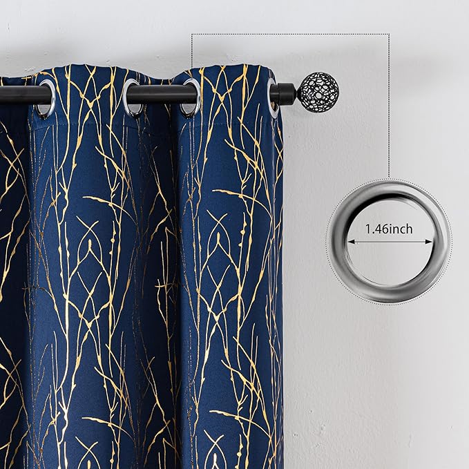 Grommets Blackout Long Window Curtains Navy Blue Gold-52W*95L 2PCS Drapes for Bedroom