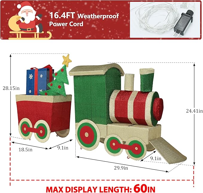 5FT Light-Up Christmas Train Decor with 170 LED Lights, 3D Pre-Lit Train Set with Gift Box and Christmas Tree for Xmas Decoration, Freestanding Glittered Holiday Display for Outdoor, Indoor