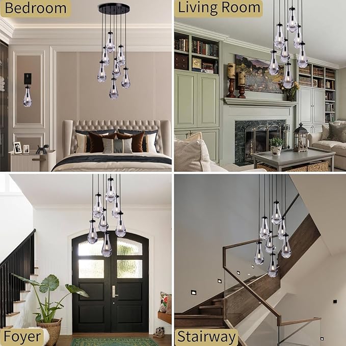 7 Light Raindrop Chandeliers, Bronze Teardrop Cluster Pendant Lights Kitchen Island, Black Dining Room Chandelier Over Table Hanging Pendant Lighting for High Ceiling, Entryway Staircase