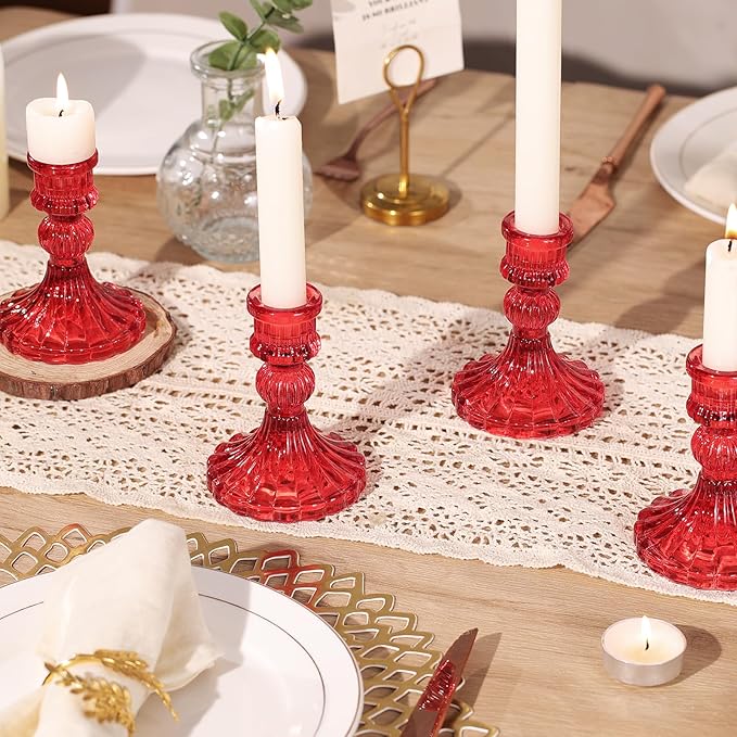 12PCS Red Candlestick Holders Set- 4" H Taper Candle Holders, Glass Candle Holders Bulk for Activities, Party, Home Table Centerpieces, Festival Gifts & Windowsill Decor
