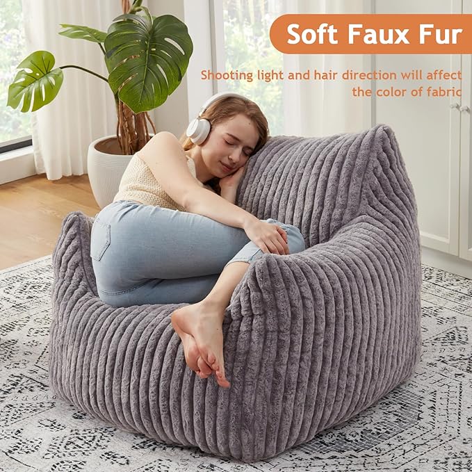 Giant Bean Bag Chairs for Adults with Filling Plush Fluffy Bean Bag Chairs for Teens with Armrests Comfy BeanBag Lazy Couch Sofa Chair for Bedroom Living Room Reading (Dark Gray2, M-for Teens/Adults)