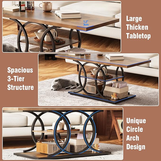 GiftGo Rustic Coffee Table with Storage Industrial 3 Tier Center Living Room Table Farmhouse Wooden Rectangle Cocktail Tea Table for Office Bedroom Elegant Full Moon Round Metal Frame (Brown, L-47)