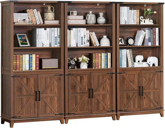 70in Tall Bookshelf 5 Tier Bookcase with Barn Doors and Adjustable Shelves, Brown Farmhouse Book Shelf with Storage Cabinet, Wood Freestanding Display Bookshelves for Bedroom, Kitchen (3PCS)