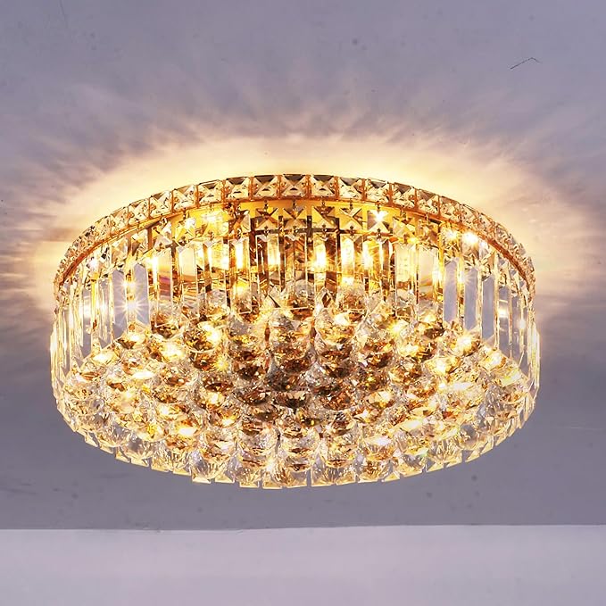 6-Lights Gold Crystal Flush Mount Chandelier Light Fixture K9 Crystals Modern Ceiling Lights Elegant Pendant Lamp for Bedroom,Hallway,Bar,Living Room,Dining Room,H5.9 xW20 (Bulbs Not Included)