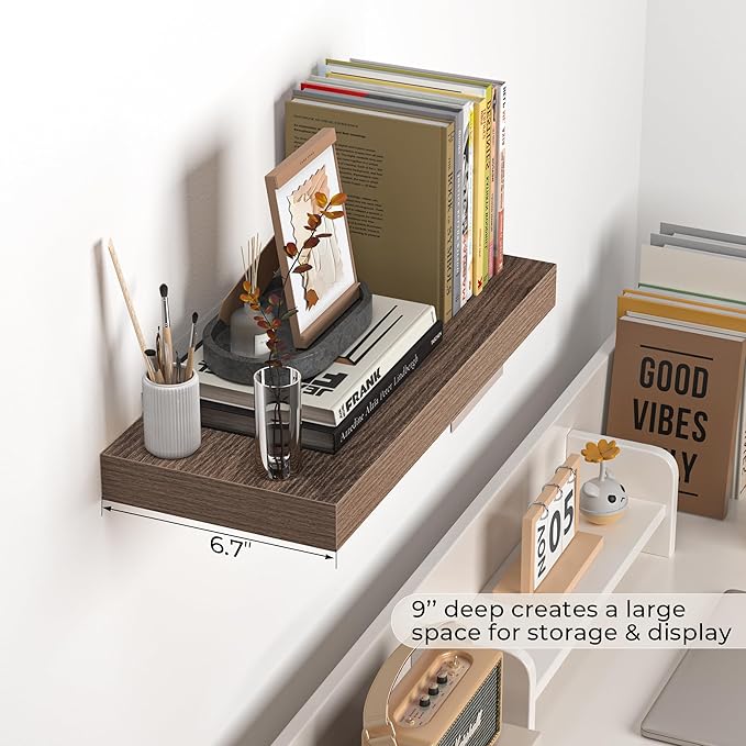 Fun Memories Floating Shelves - 16 Inch Wall Shelf for Decor & Storage - Wall Mounted Display Shelving with Invisible Heavy-Duty Metal Bracket 2Pack, Walnut