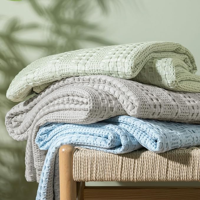 PHF Cooling Waffle Blanket Queen Size, Lightweight 60% Rayon Derived from Bamboo & 40% Cotton Breathable Blanket for Hot Sleepers, Soft and Luxury for Bed Couch and Sofa, 90"x90", Mint