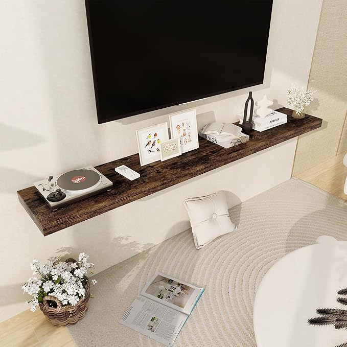 Fun Memories 72 Inch Floating Shelf, 12 Inch Deep Wall Shelf for Fireplace Mantel, Deep Storage Shelves for Home & Office, Wall Shelves with Invisible Bracket, Rustic Brown, Set of 1