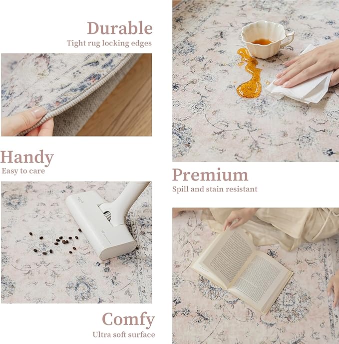 4'x4' Vintage Floral Rug - Persian Inspired Low-Pile Faux Wool Area Rug, Non-Slip Washable Round Rug for Bedroom, Nursery, Dorm, Soft Pink Boho Chic Decor