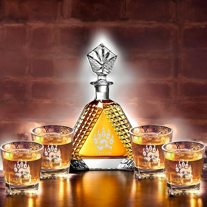 Personalized Triangle Whiskey Decanter Set for Men 650ml Luxury Gift for Groomsman, Liquor Decanters with 2 or 4 Glasses for Birthday, Retirement, Weddings - 24 Engraved Design Options