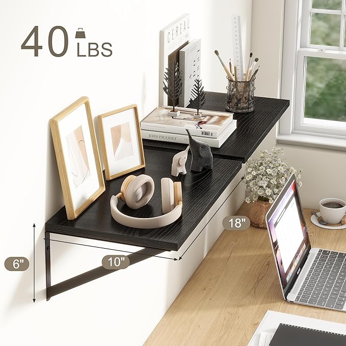 Fun Memories Black Floating Shelves 18 Inch Long, Rustic Floating Shelf with Brackets, 10 Inch Deep Wall Shelves, Black Bathroom Shelves, 18 x 10 Storage Shelf for Kitchen, Living Room, Set of 2