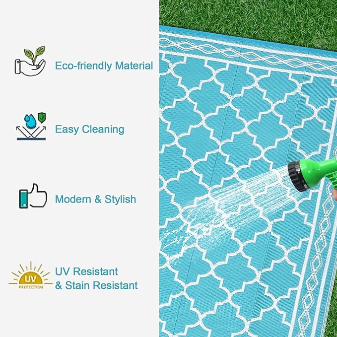 GAOMON Outdoor Rug for Patio 5'x8' Reversible Plastic Rugs Camping Mat for Outdoor, RV, Backyard, Deck, Balcony, Picnic, Beach, Teal/White(Geometric)
