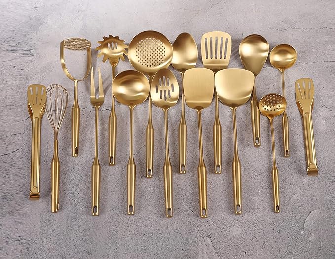 Gold Cooking Utensils Set - 18/10 Stainless Steel Large and Small Spoons Set, 16 PCS All Metal Kitchen Tools, Serving Utensils - Whisk, Masher, Fork, Tongs, Spatula, Ladle, Skimmer, Turner, Pasta