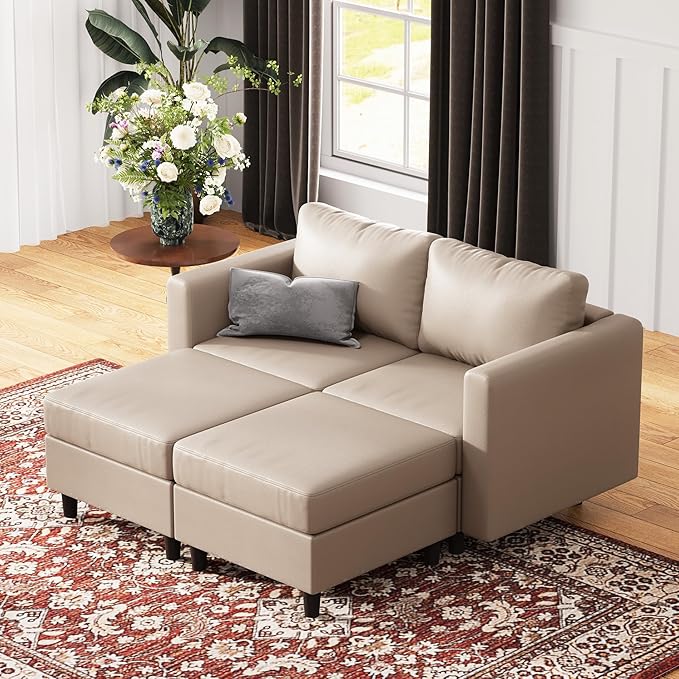 64.6" Faux Leather Loveseat Sleeper Sofa Bed with Storage Seat, Modern Modular Sectional Couch Deep Seat with Reversible Chaise 2-Seat Whitesand for Apartment, Living Room, Bedroom