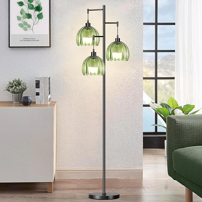 Glass Gold Floor Lamp for Living Room,Bedroom,Mid Century Modern Standing Lamp Brass Tree 3 Light Tall Floor Lamps Vintage Retro Floor Lights Green Flower Lamp Shade Farmhouse Boho Bohemian