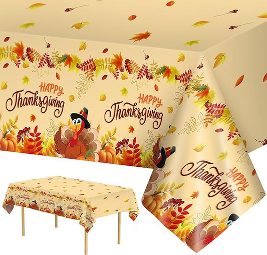 2 Pack Happy Thanksgiving Tablecloth - Fall Thanksgiving Turkey Table cloths, Disposable Plastic Rectangle Autumn Pumpkin Maple Leaf Table Cover for Thanks Giving Tables Decor Party Supplies,108x54In