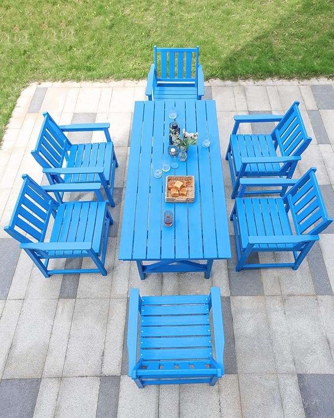 7 Pieces HDPE Outdoor Dining Set, Patio Dining Set with Umbrella Hole, All Weather Outdoor Dining Table Sets for 6, HDPE Patio Furniture Sets for Deck, Backyard, Lawn, and Poolside, Sky Blue