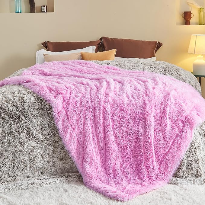 GONAAP Fuzzy Faux Fur Throw Blanket Queen Size Light Pink Super Soft Cozy Plush Fuzzy Shaggy Blanket for Couch Sofa Bed (Light Pink, Queen(90"x90"))
