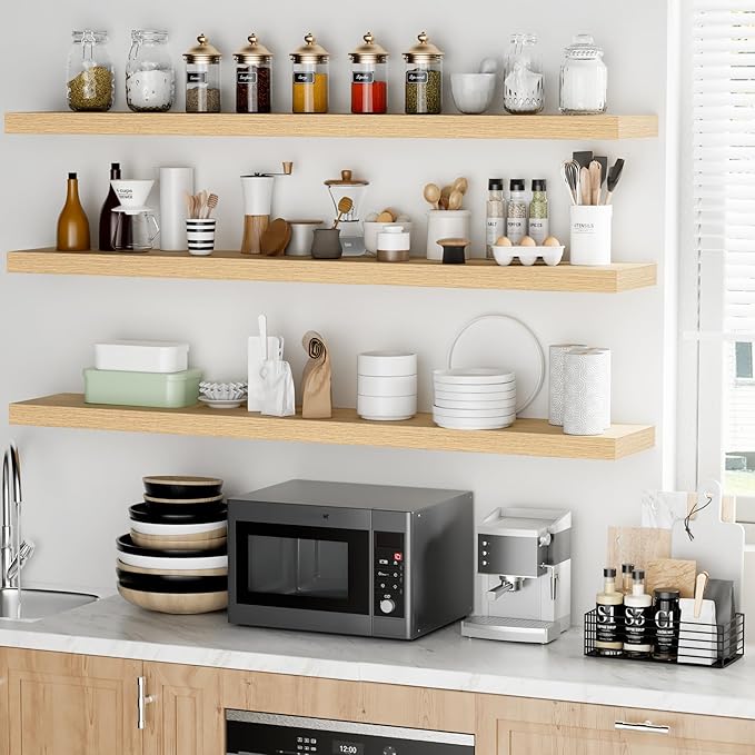 Fun Memories 55 Inch Floating Shelves - 9 Inch Deep Rustic Wooden Wall Shelves - Extra Deeper & Thicker Wall Mounted Storage Shelf for Living Room, Kitchen, Farmhouse - 55" W x 9" D x 1.8" H - Oak