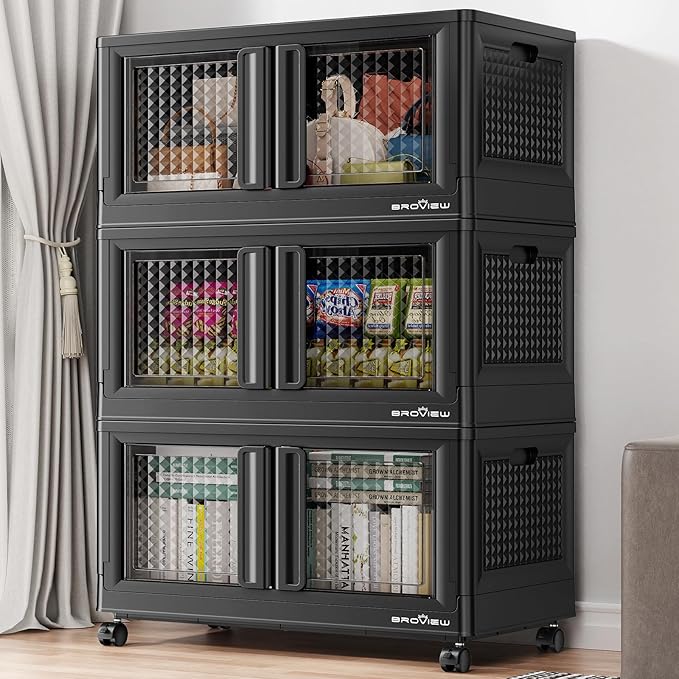 300Qt Stackable Storage Bins with Lids, 75Gal Closet Organizers and Storage Drawer, Plastic Collapsible Storage Bins with Doors, Heavy Duty Store Box Cabinet for Home Kitchen, 3Pack Black