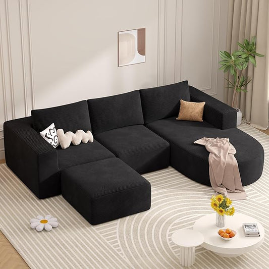 Modular Sectional Sofa with L-Shape Chaise,Cloud Sectional Modern Sleeper Couch with Deep Seat,Sponge Compression Sofas No Assembly Required (Black-Corduroy Fabric) 1pcs