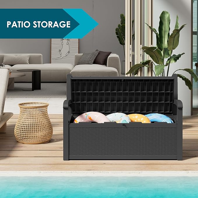70 Gallon Storage Bench Deck Box for Patio Furniture with Armrest Bench Outdoor Storage
