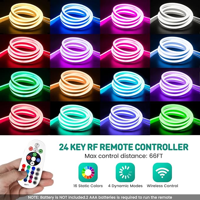 GZBtech RGB LED Neon Rope Lights 33FT/10M, AC 110-120V Waterproof Color Changing LED Rope with Remote Controller, Dimmable Multi Color Neon Rope Lighting for Indoor Outdoor Commercial Use