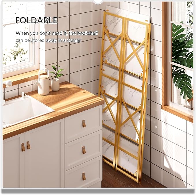 4NM 5 Tiers No Assembly Book Shelves, 51.2" H Folding Bookshelf Bookcase Open Industrial Foldable Shelves for Bedroom, Living Room, Home Office - White Gold