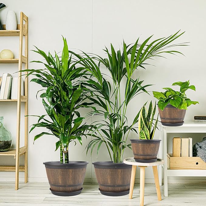16-inch-Plant-Pots-Indoor-Outdoor, 4 Pack Large Whiskey Barrel Planters with Drainage Holes & Saucer, Plastic Flower Pots Imitation Wine Barrel Design, Decorative Garden Pots for Plants