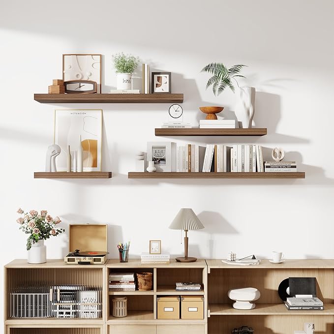 24 Inch Floating Shelves, 12 Inch Deep Floating Shelves for Wall, Floating Shelf with Invisible Brackets, Deep Shelves for Bathroom, Bedroom, Living Room, 2 Pack, Walnut